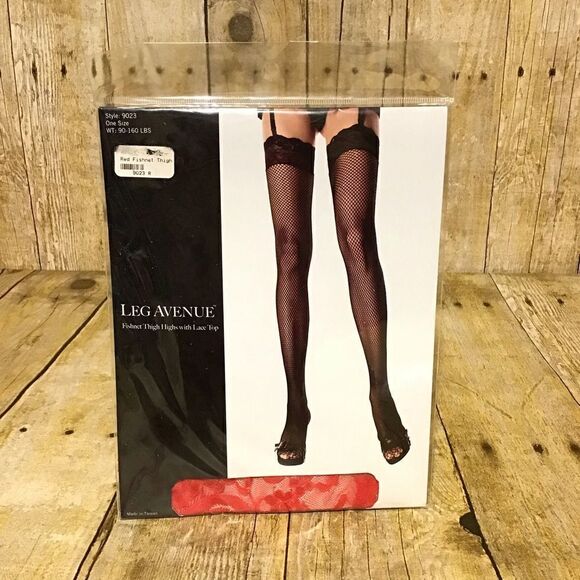 Leg Avenue Red Fishnet Thigh Highs with Lace Top - Picture 1 of 4